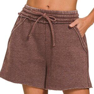 NWT Ladies Mahogany Acid Wash Fleece Drawstring Shorts with Pockets